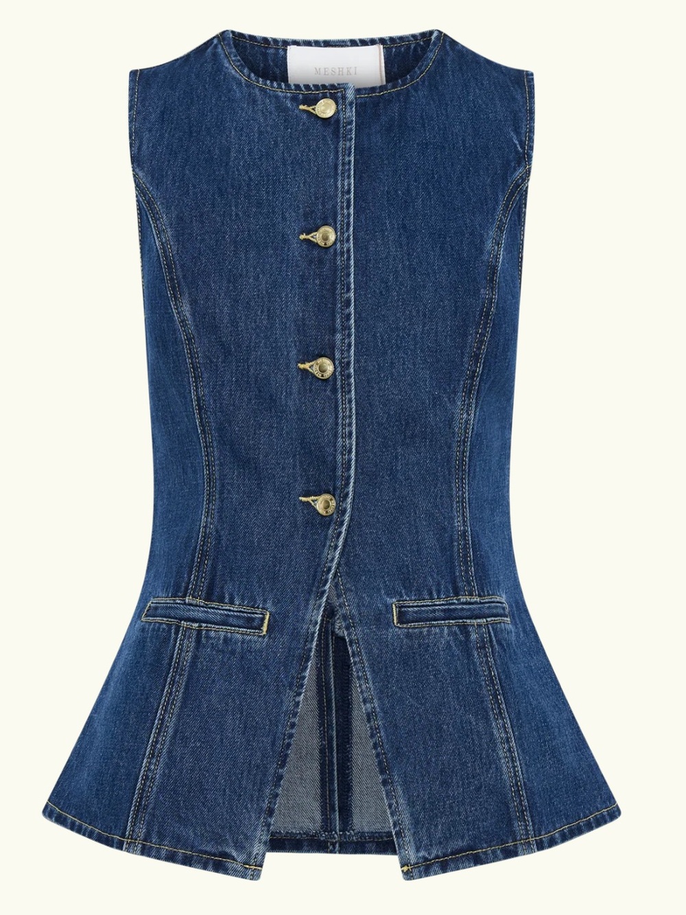 Meshki Indigo Blue Sleeveless Denim Vest + Gold Hardware